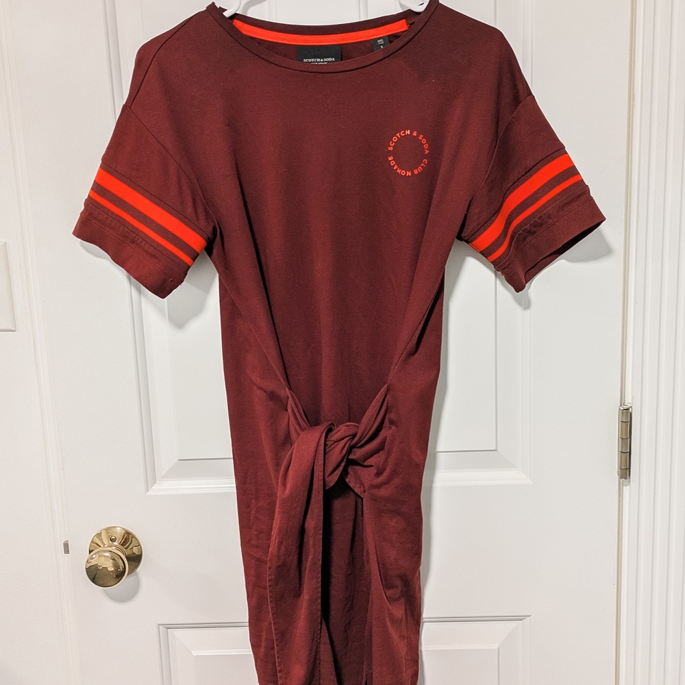 Scotch And Soda Burgundy Dress with Tie Front and Striped Sleeves